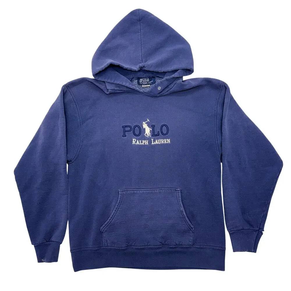 Vintage Made USA Polo Ralph Lauren Hoodie Large Navy Embroidered Big Pony Pouch